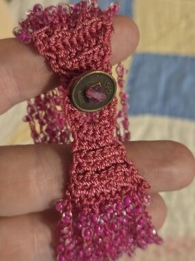 Handcrafted Pink Beaded Crochet Bracelet Wide Multistrand Tiny Iridescent
